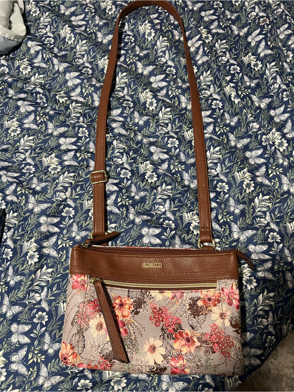 Rosebud Brown Floral Crossbody with Pink and Cream Accents